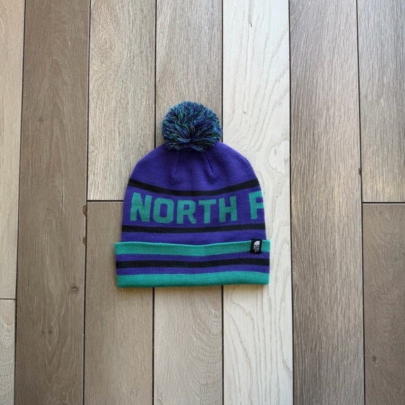The North Face Accessories - The North Face purple and green pom pom women’s beanie